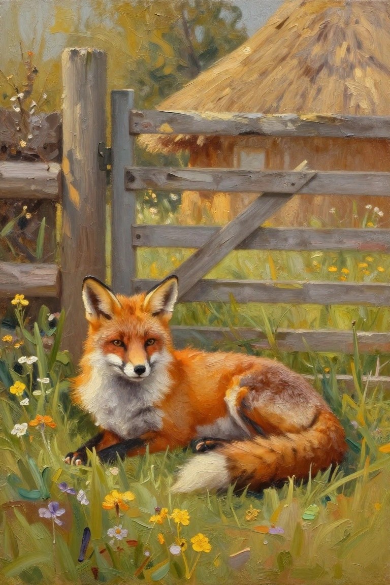 Red fox resting in flower-filled grass by wooden fence and thatched cottage