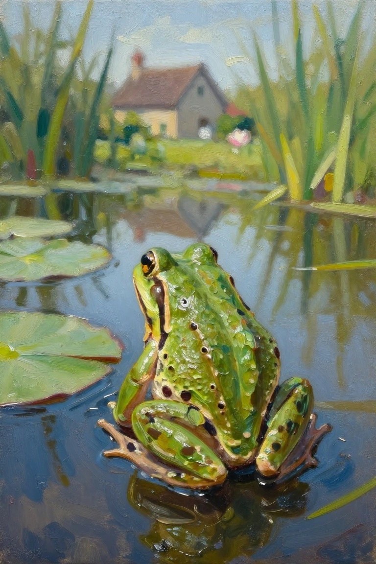 A green frog sits at the edge of a pond with lily pads and a cottage visible in the soft background, shown as an oil painting.