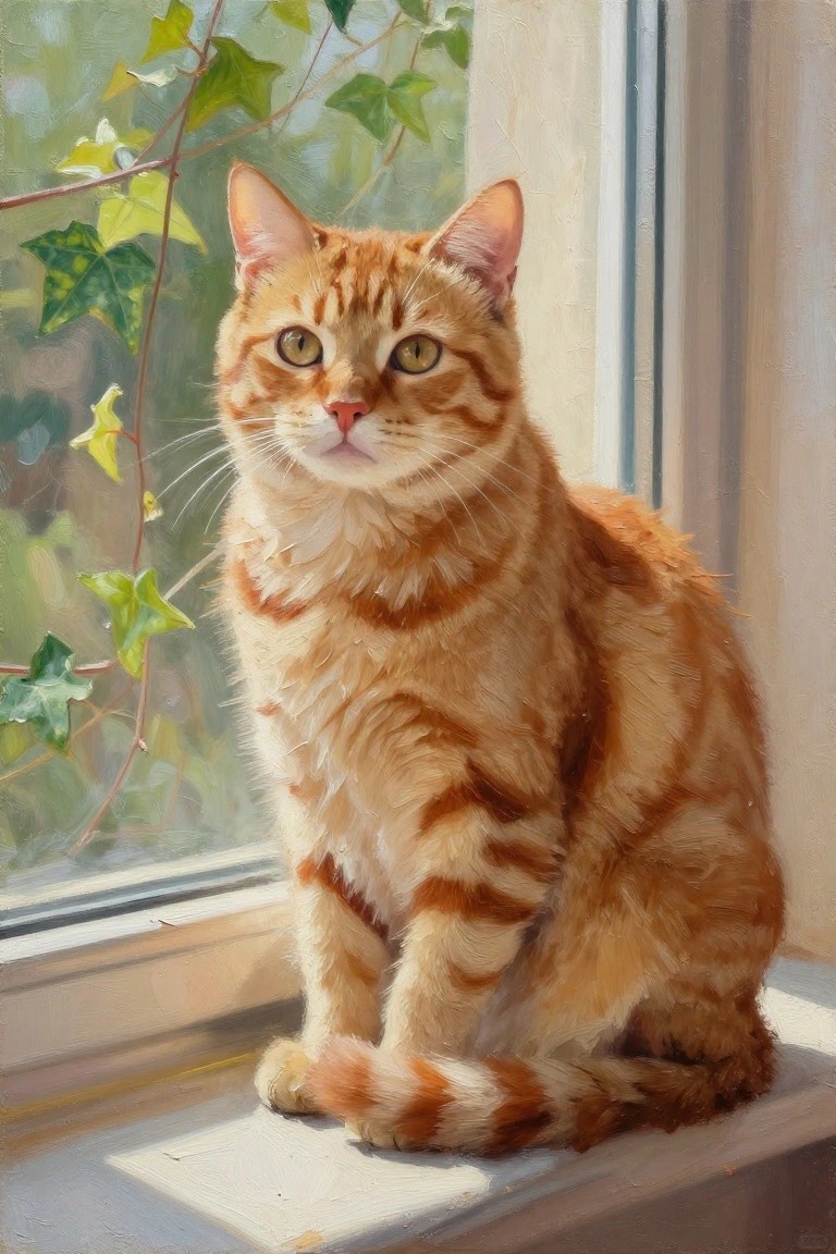 Orange tabby cat sitting on sunlit windowsill beside green ivy leaves