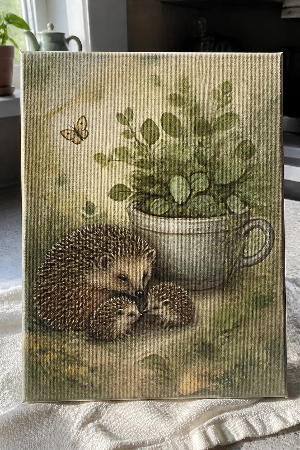 Hedgehog mother and two babies beside leafy teacup with yellow butterfly in soft painting.