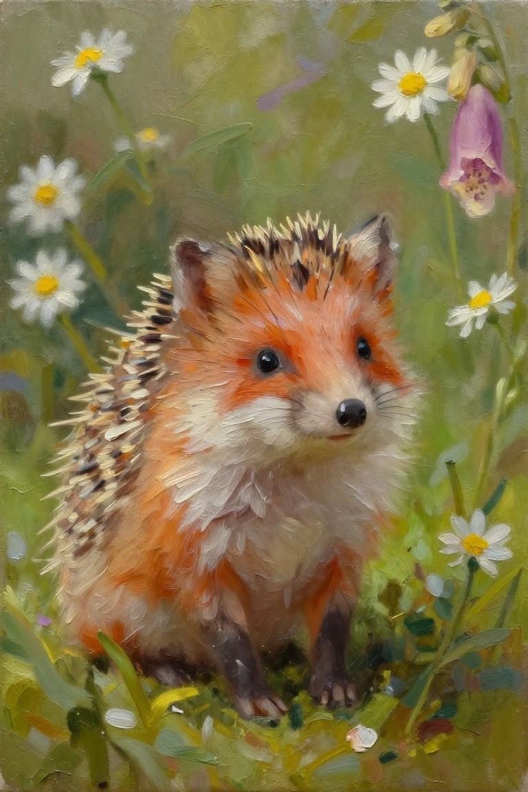 Orange fox-hedgehog hybrid sits among daisies in impressionist meadow painting