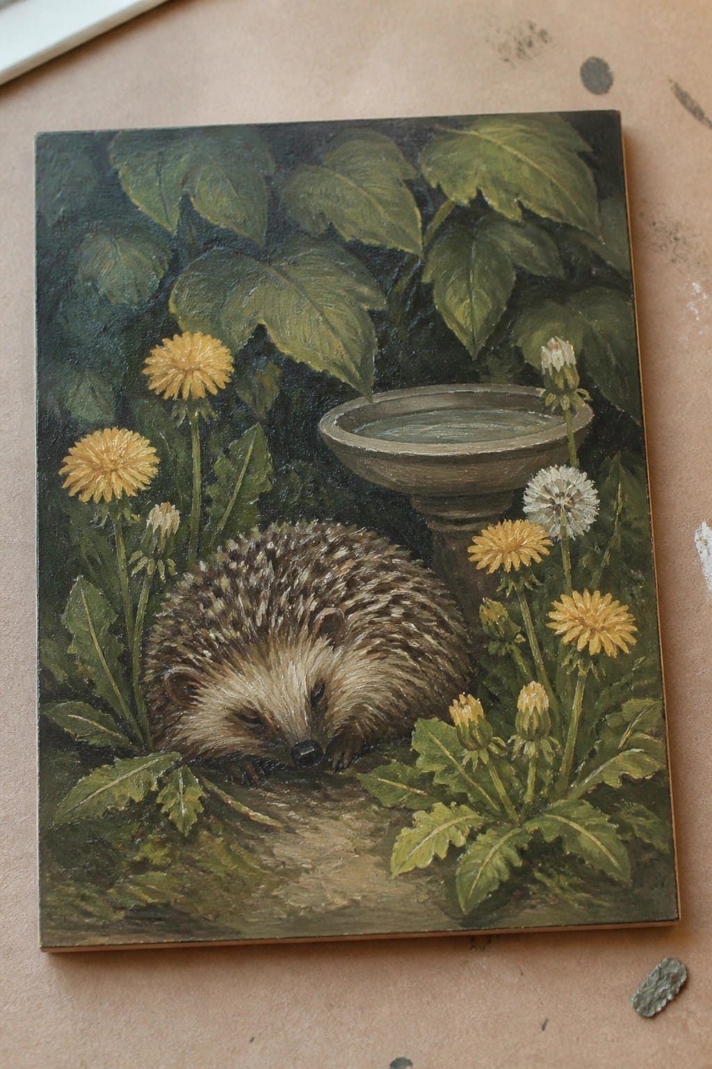 Sleeping hedgehog curled among yellow dandelions by a stone birdbath in green foliage.