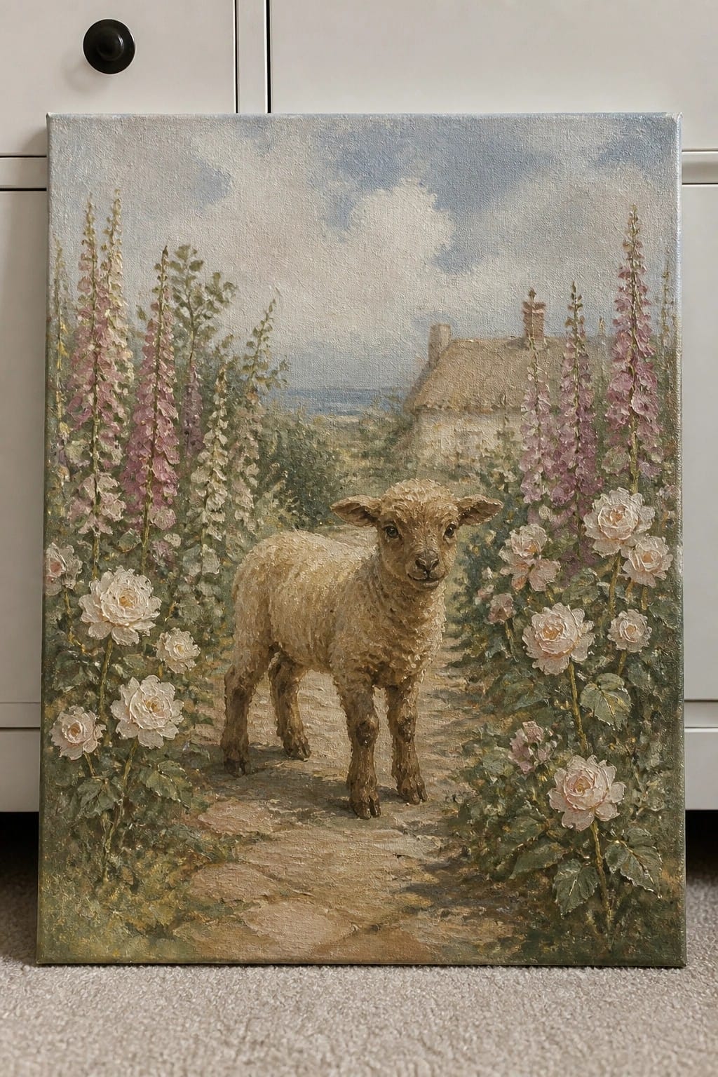 Fluffy lamb on stone path amid pink hollyhocks and roses, cottage behind.