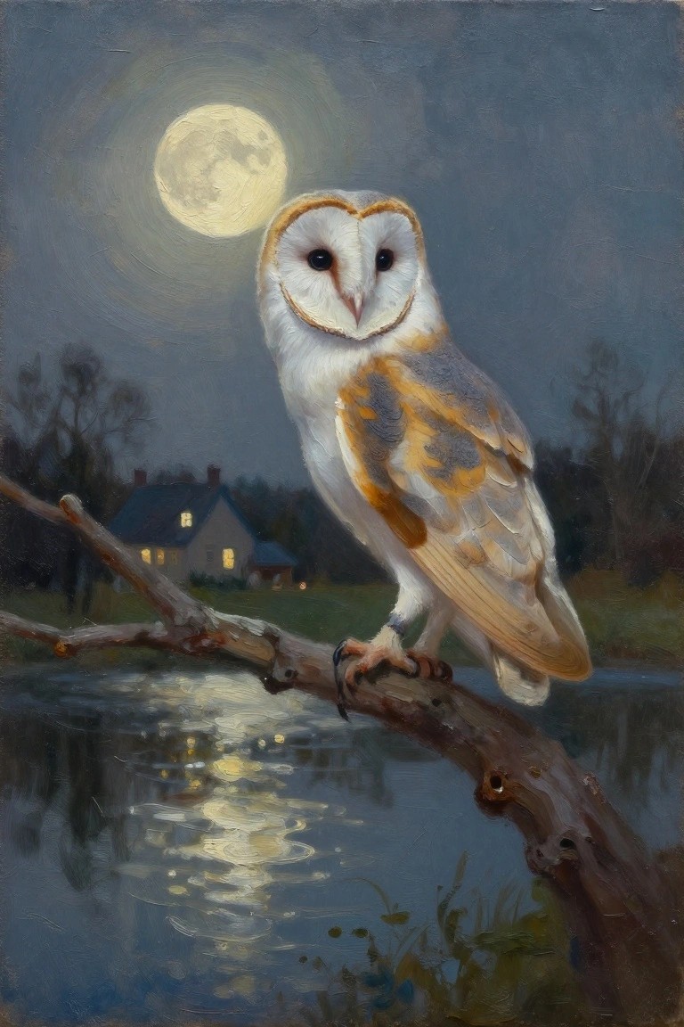 Barn owl perched on branch over moonlit pond with house in background