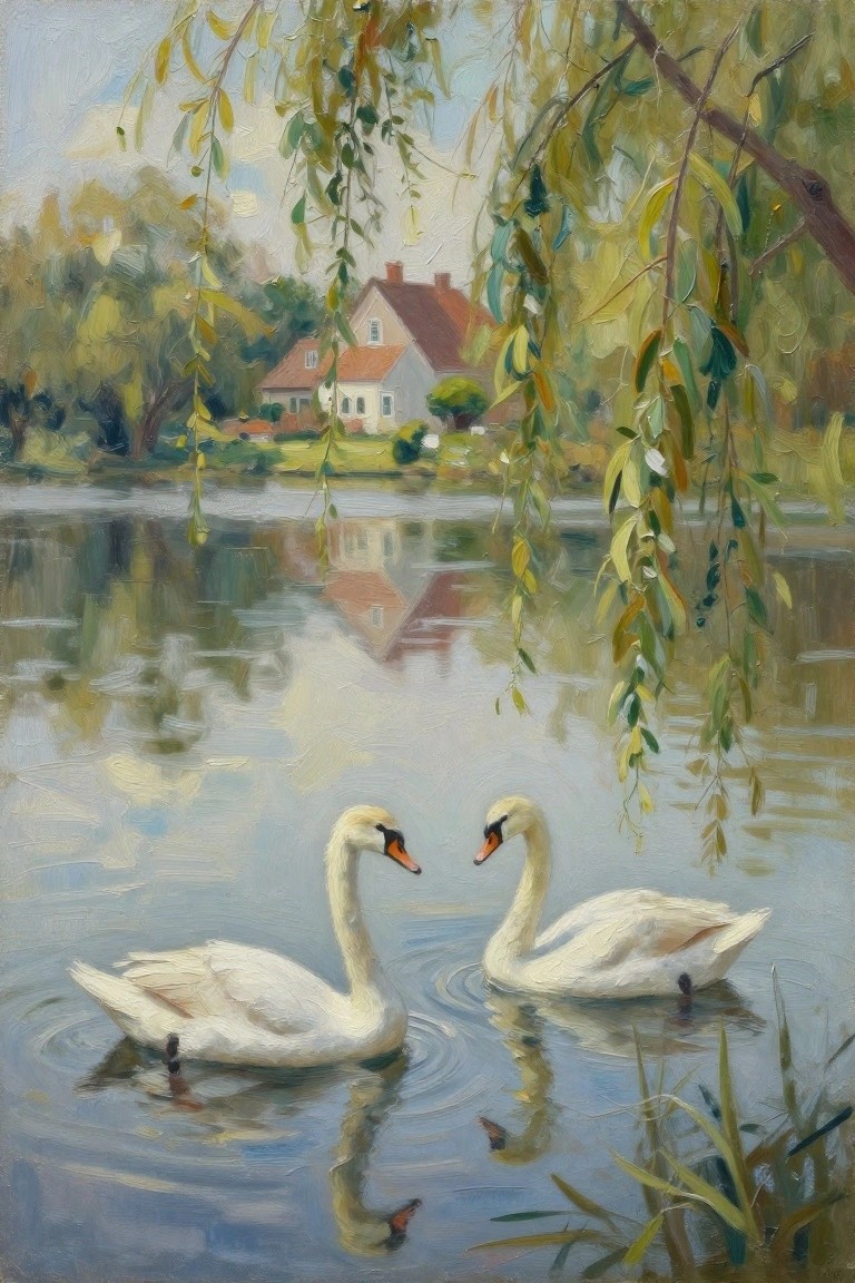 Two white swans on calm water beneath willow branches with a red-roofed house beyond.