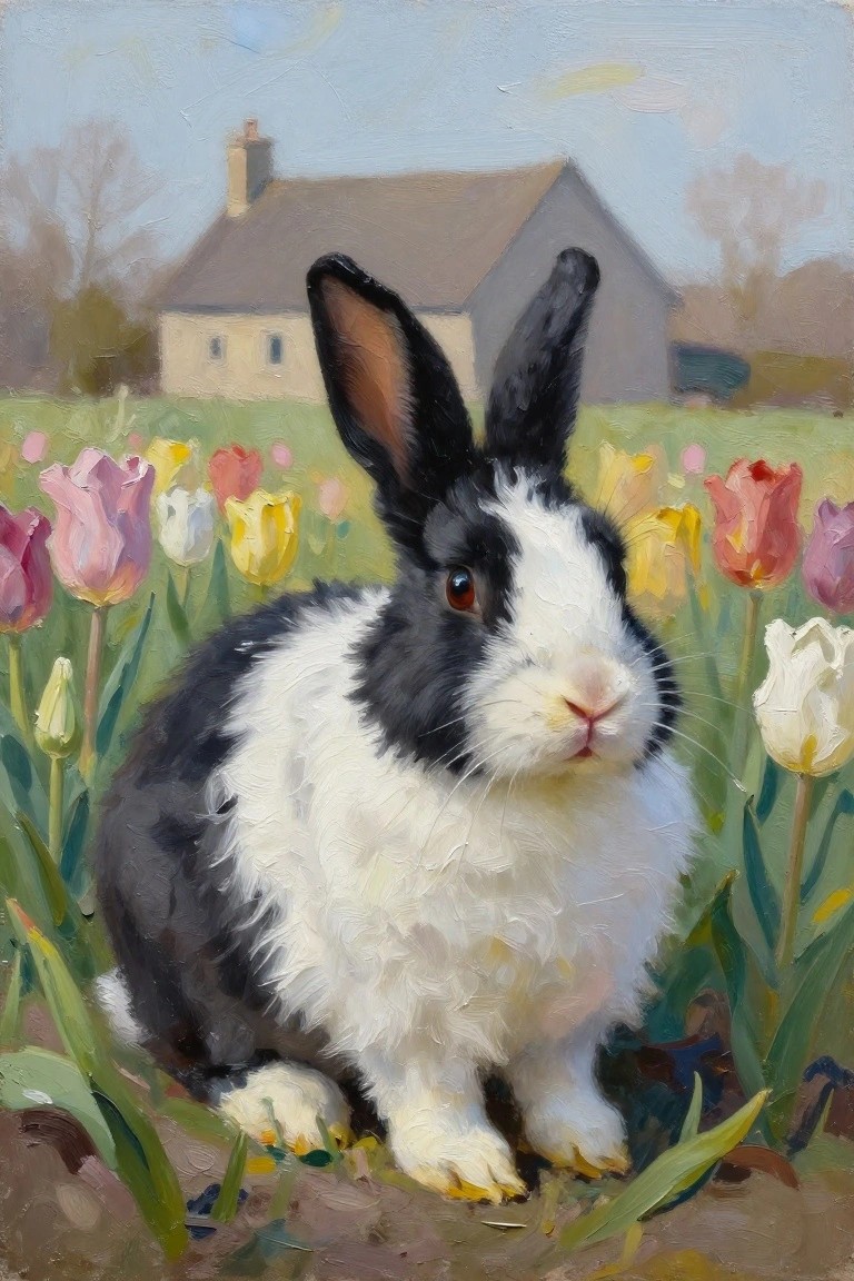 Black and white rabbit amid colorful tulips in a rural field with house