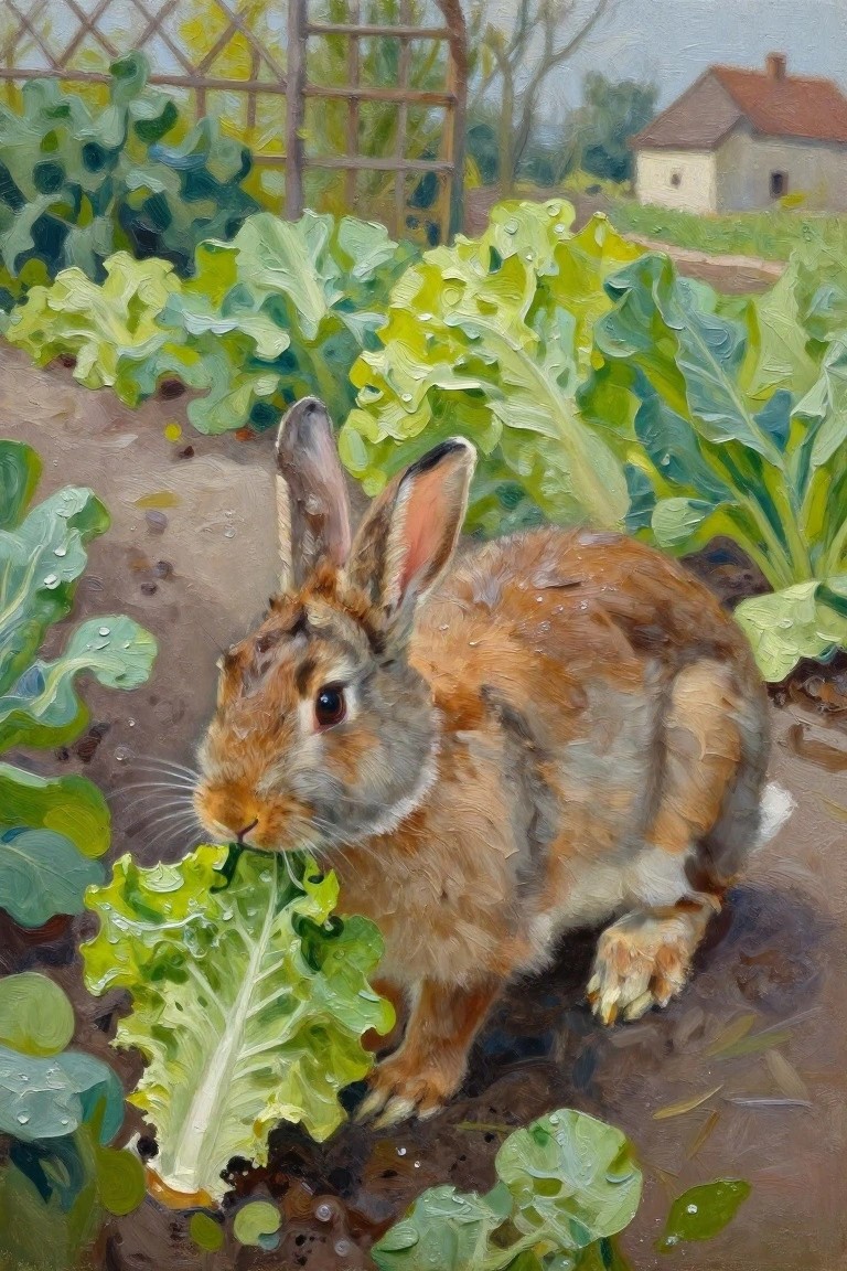 Brown rabbit with droplets eating lettuce in a dewy garden painting