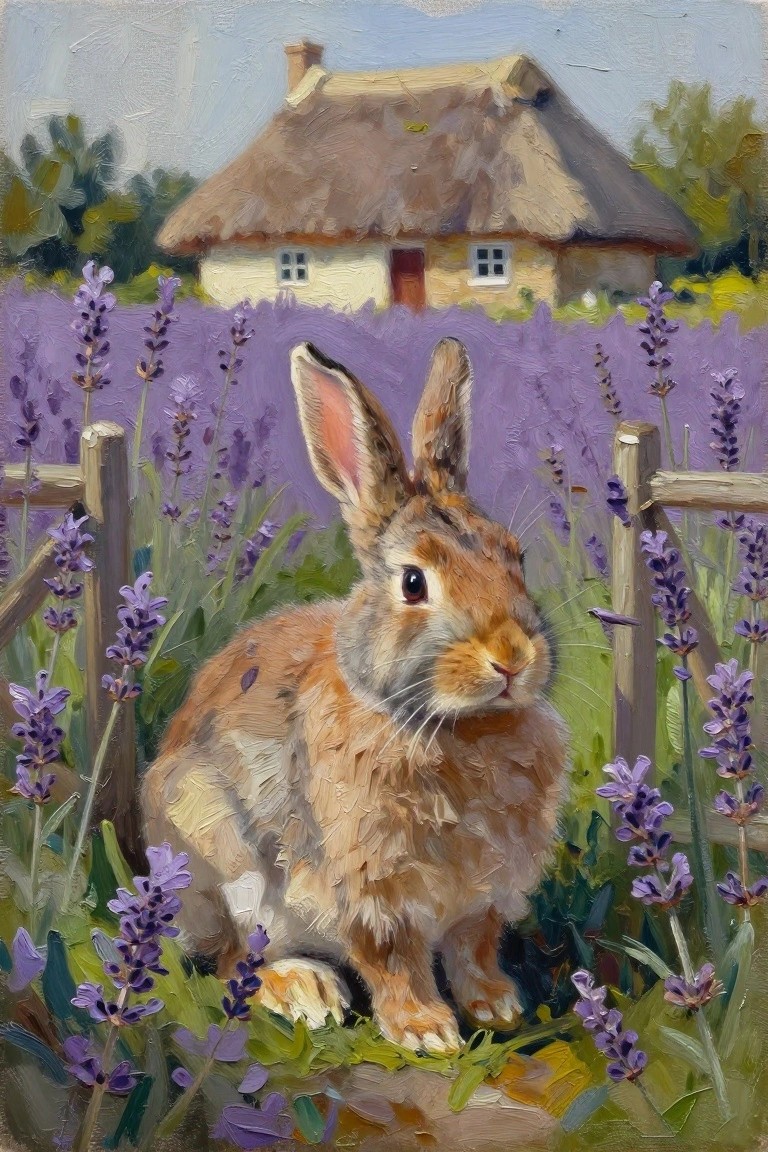 Brown rabbit amid purple lavender flowers by a thatched cottage and fence