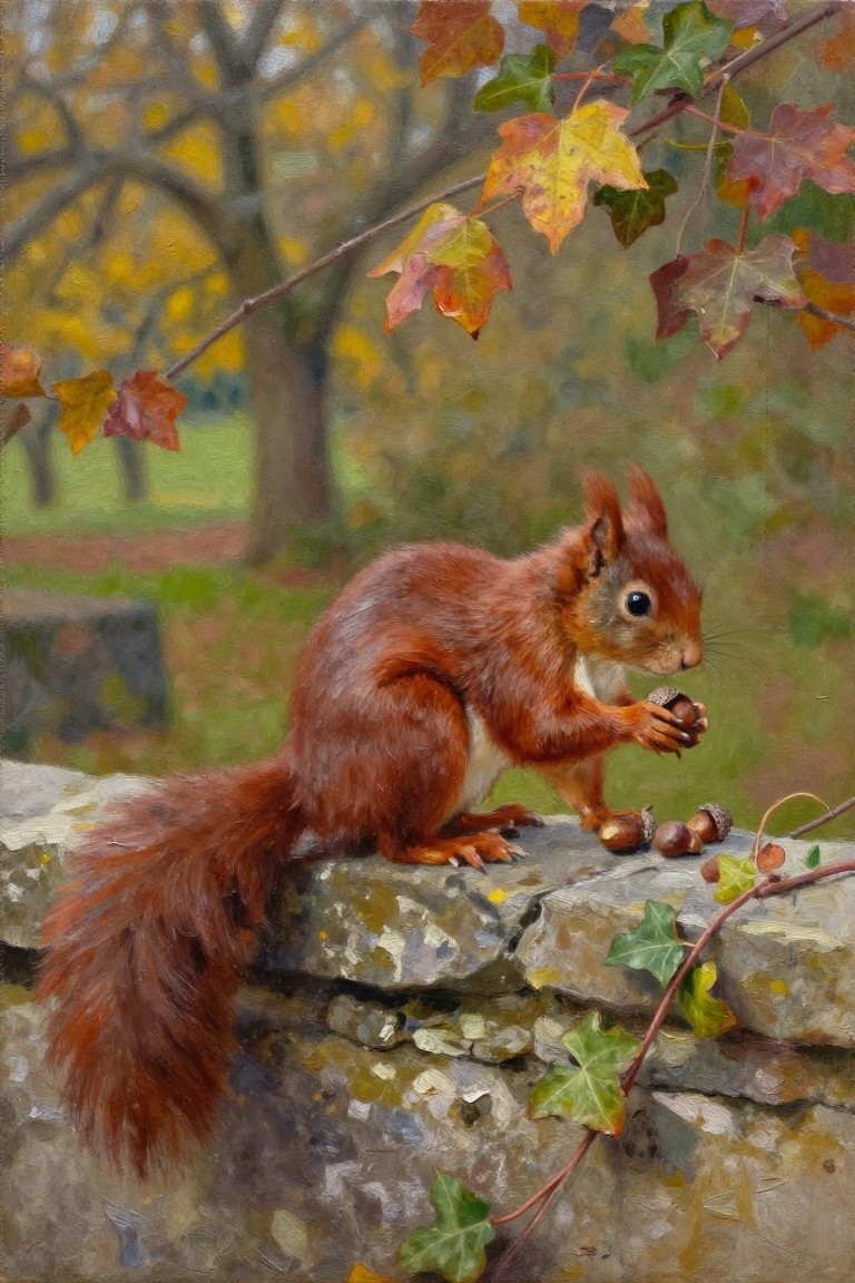 Red squirrel on stone wall holding acorn amid colorful autumn leaves and ivy