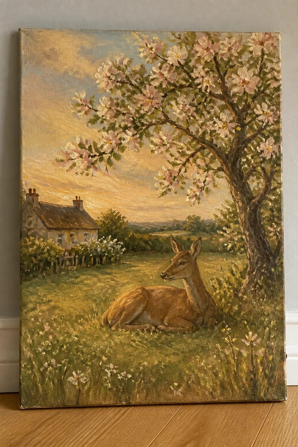 Oil painting of a brown deer resting under a tree with pink and white flowers beside a stone cottage in a green meadow.