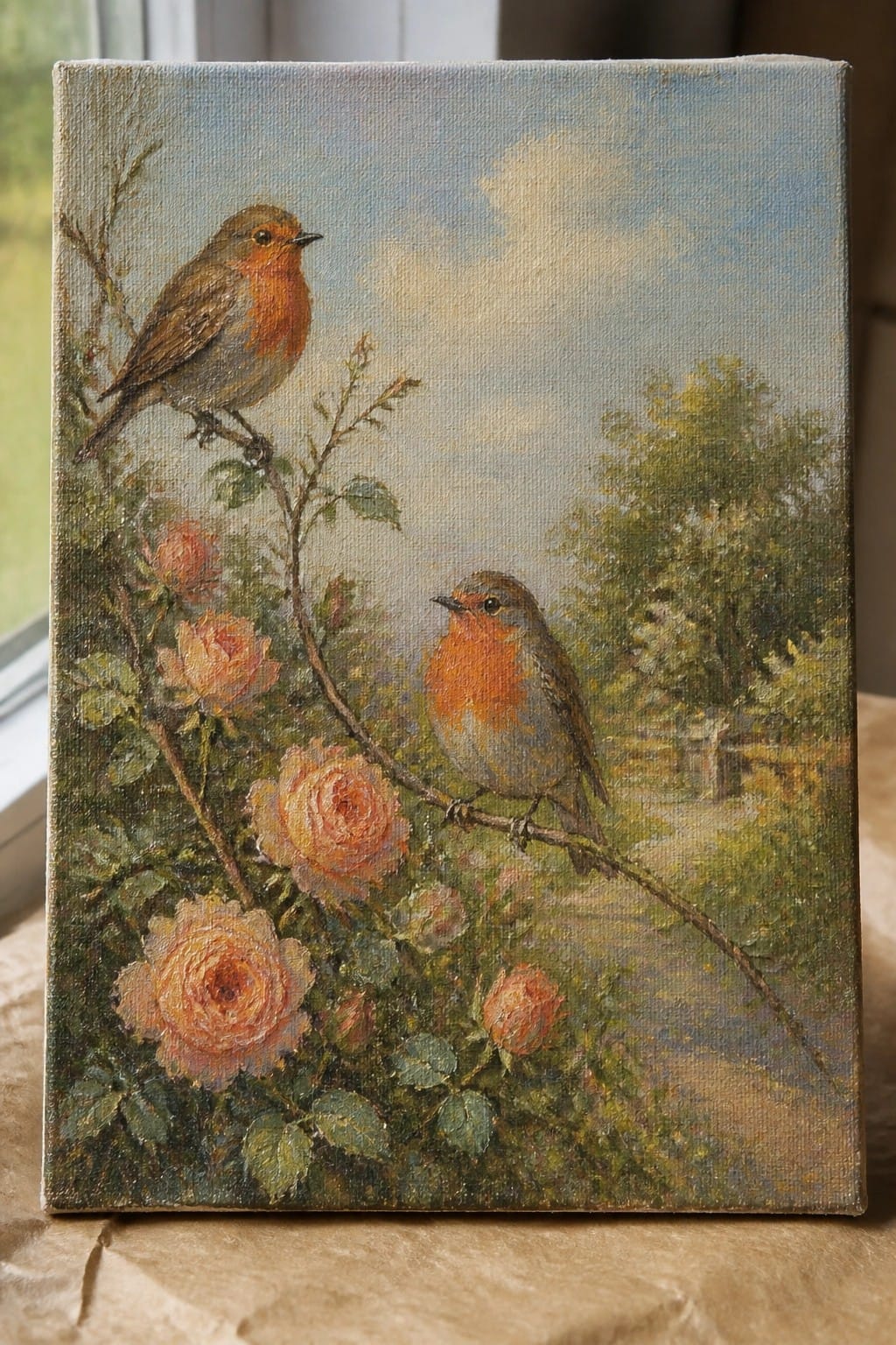 Two robins with orange chests perch on rose-covered branches in a garden scene