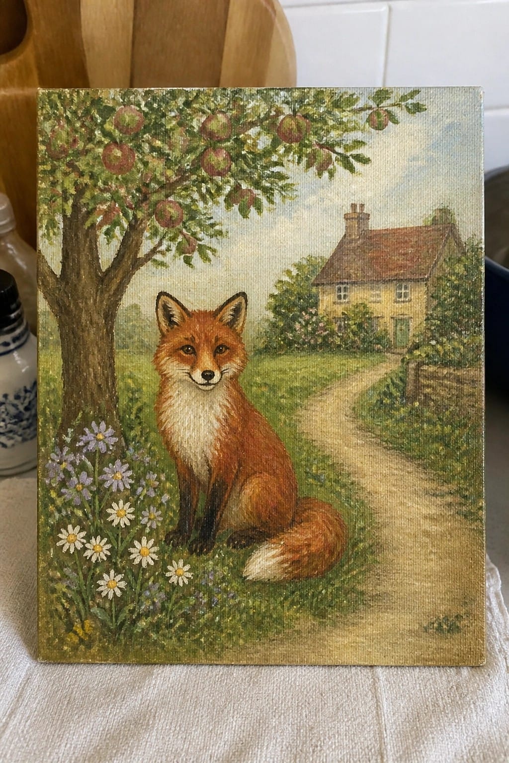 Red fox sits under apple tree amid daisies, path to yellow cottage