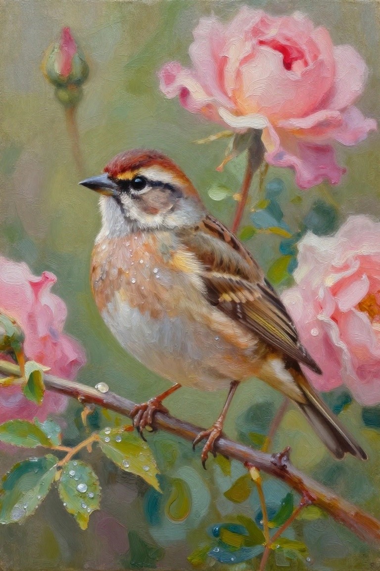 Small bird with red cap perched on branch amid pink roses with dew drops