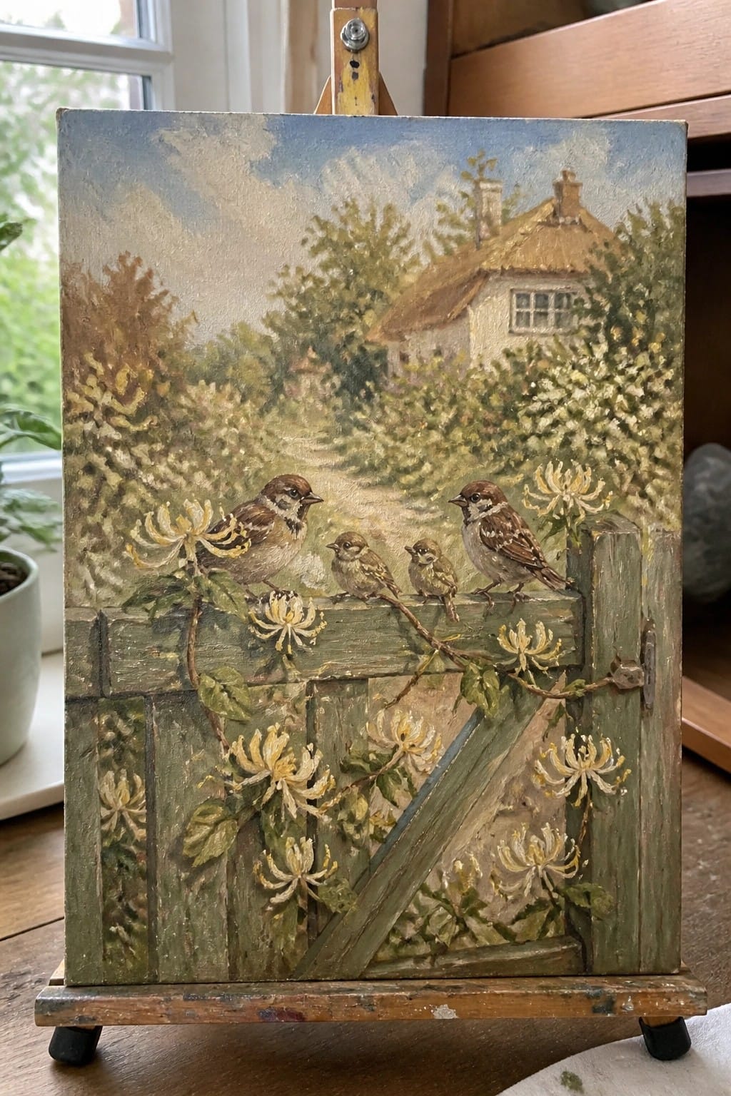 Realistic painting of four sparrows perched on a vine-covered wooden gate near a thatched cottage.