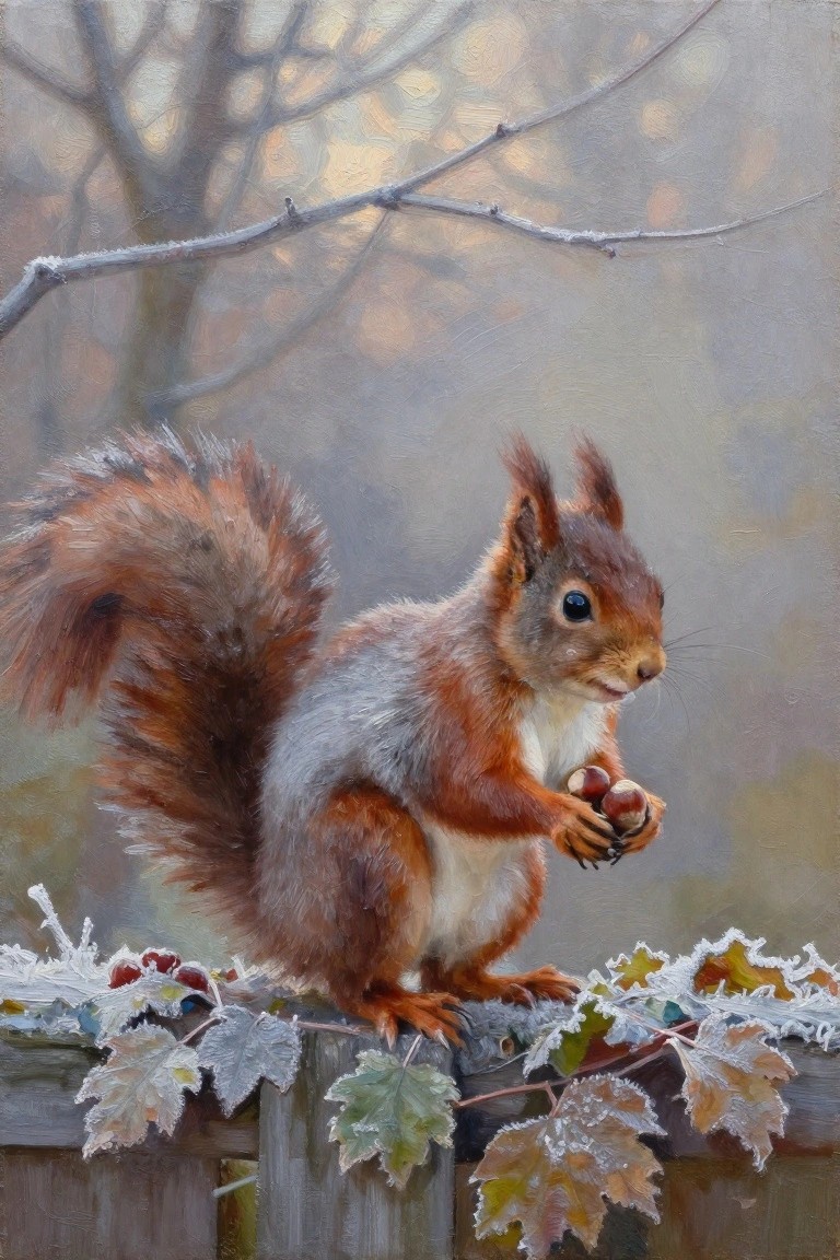 Red squirrel holding acorns on frosty fence with autumn leaves and bare branches