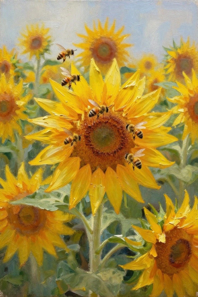 Bees on vibrant yellow sunflowers in a lush field painting