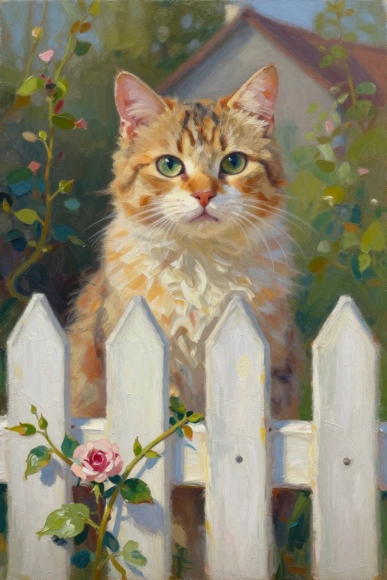 Orange tabby cat with green eyes behind white picket fence and pink rose