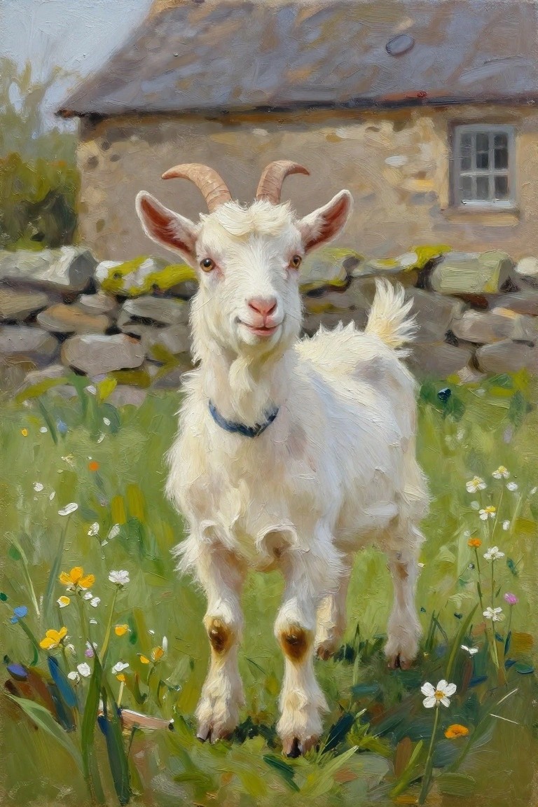 A white goat with horns standing in a grassy field with flowers in front of a stone cottage.