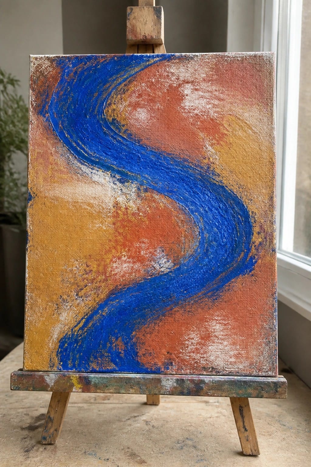 Abstract painting with swirling blue curve on orange-yellow canvas atop wooden easel.