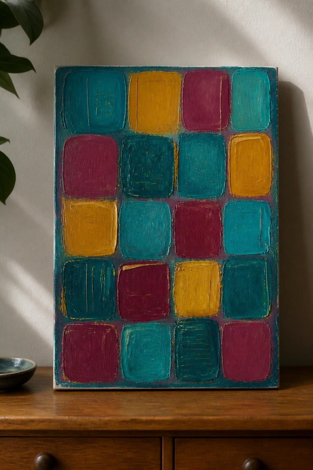 Vibrant abstract painting with grid of teal, yellow, and magenta squares on wood