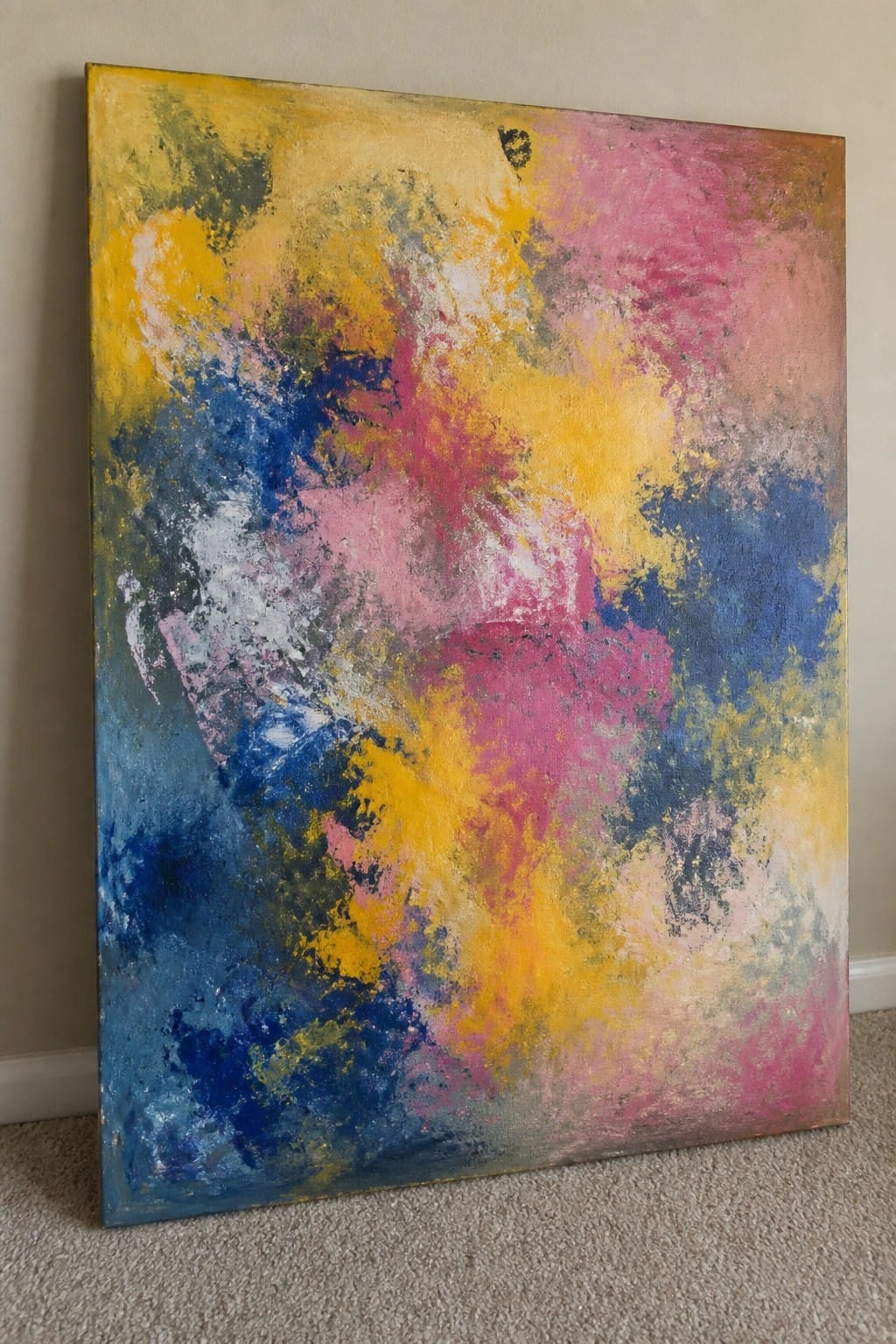 Large abstract painting with vibrant yellow pink blue swirls leaning on wall