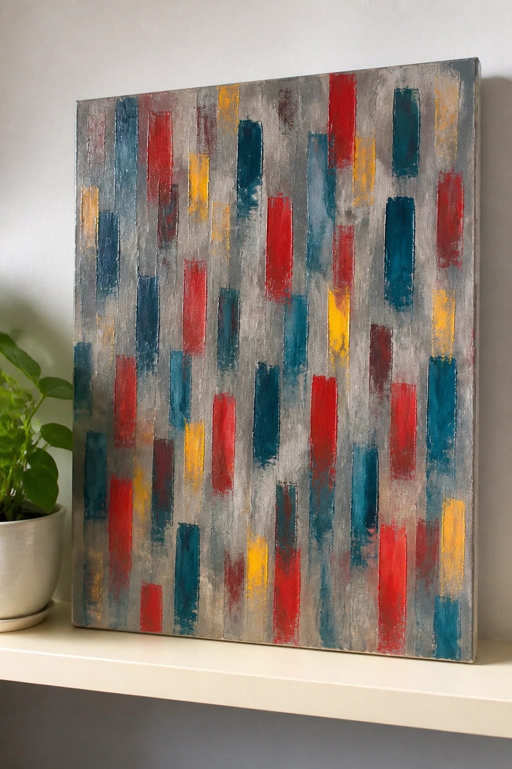 Abstract painting with vertical red, blue, yellow, teal brushstrokes on shelf beside plant