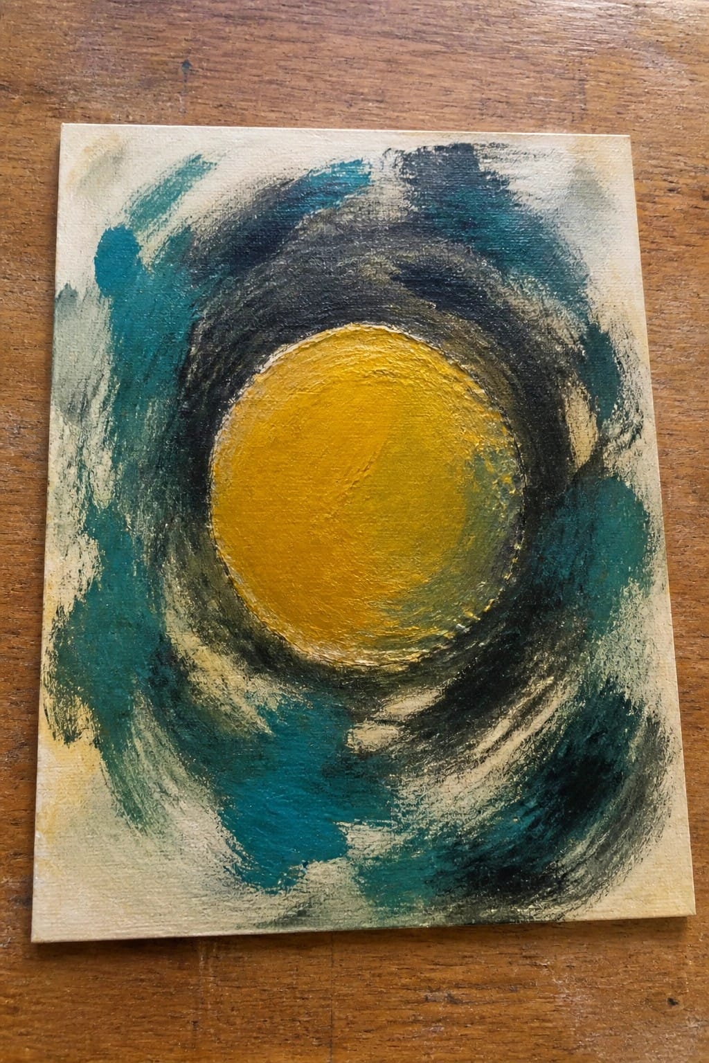 Abstract painting with central yellow circle amid swirling teal, black, and beige brushstrokes.