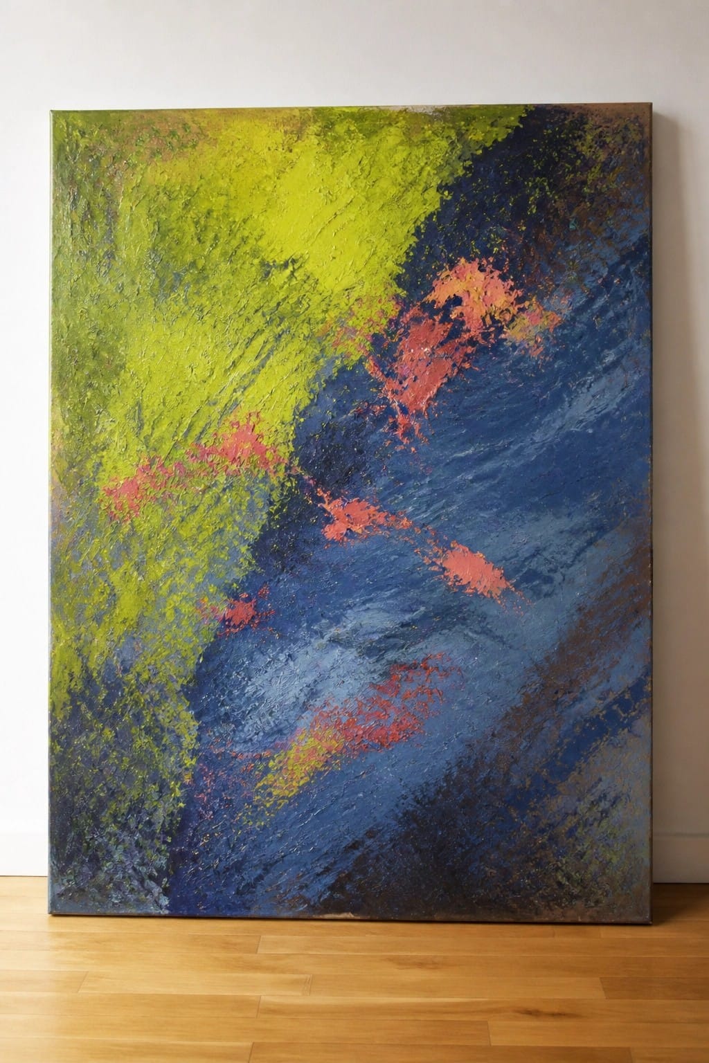 An abstract oil painting with large lime green and deep blue areas, red strokes running through the middle, and visible textured brushwork on canvas.
