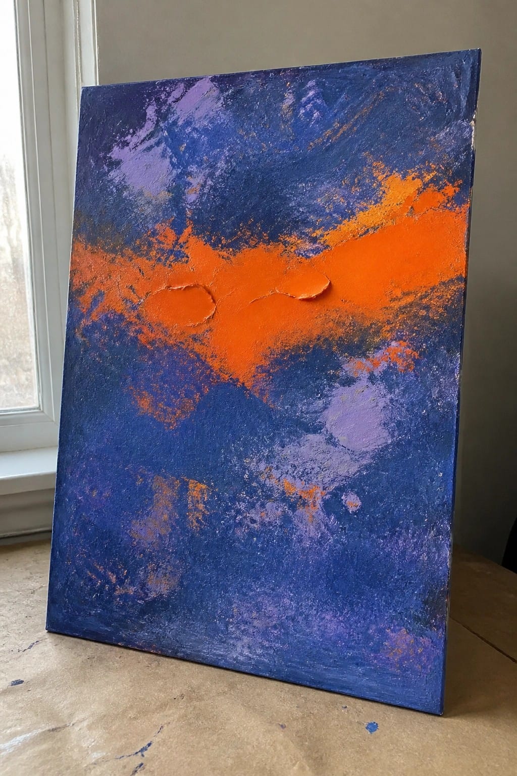 Abstract painting with bold orange strokes over textured blue and purple canvas leaning on wall.