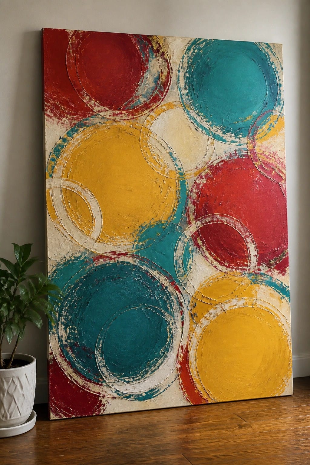 Vibrant abstract painting with overlapping red, yellow, and teal circles beside a potted plant.