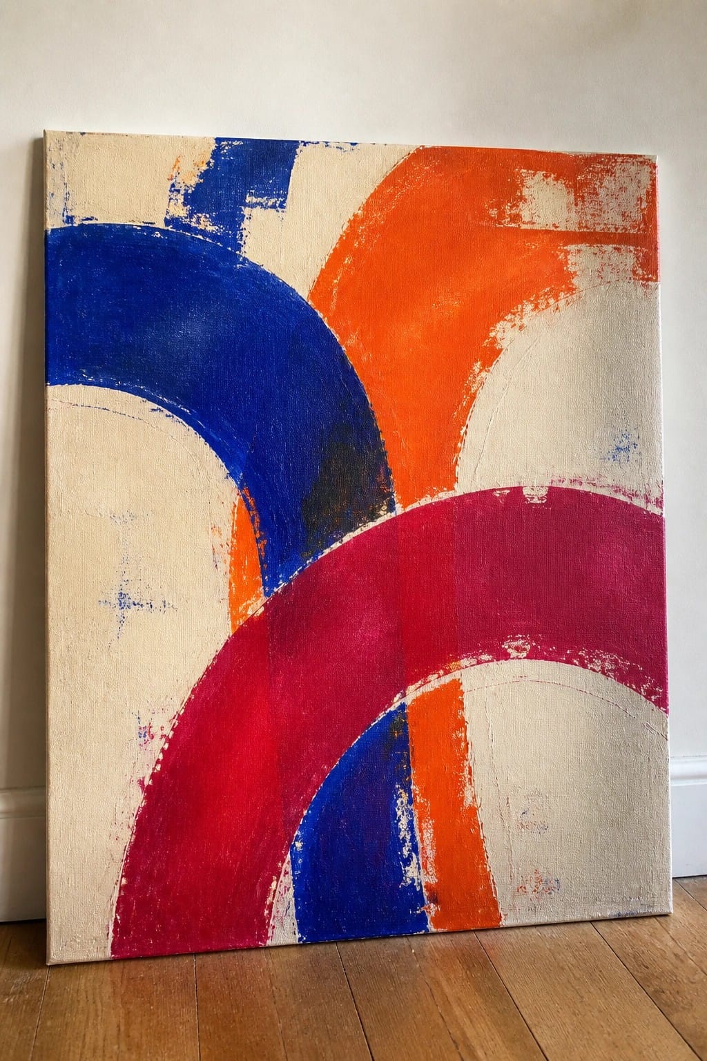 Abstract painting with bold blue, orange, red, and cream curved shapes on canvas against wall