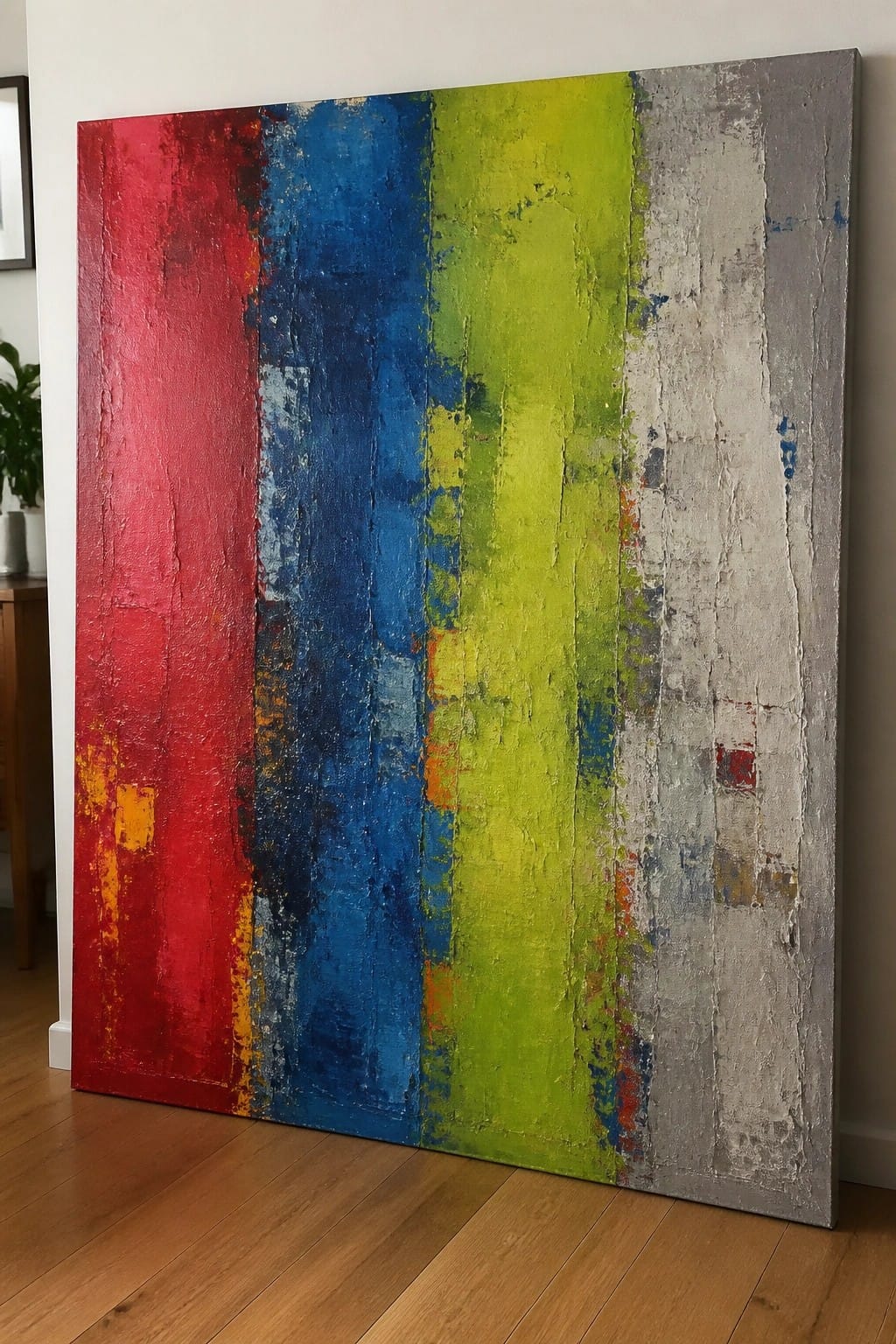 Large abstract painting with thick vertical stripes of red, blue, green, and gray.