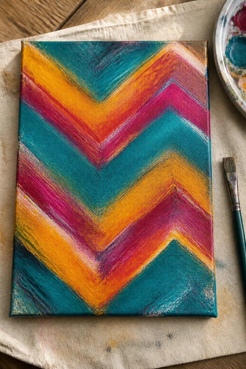 Vibrant chevron canvas painting in teal, orange, pink, yellow beside brush and palette.