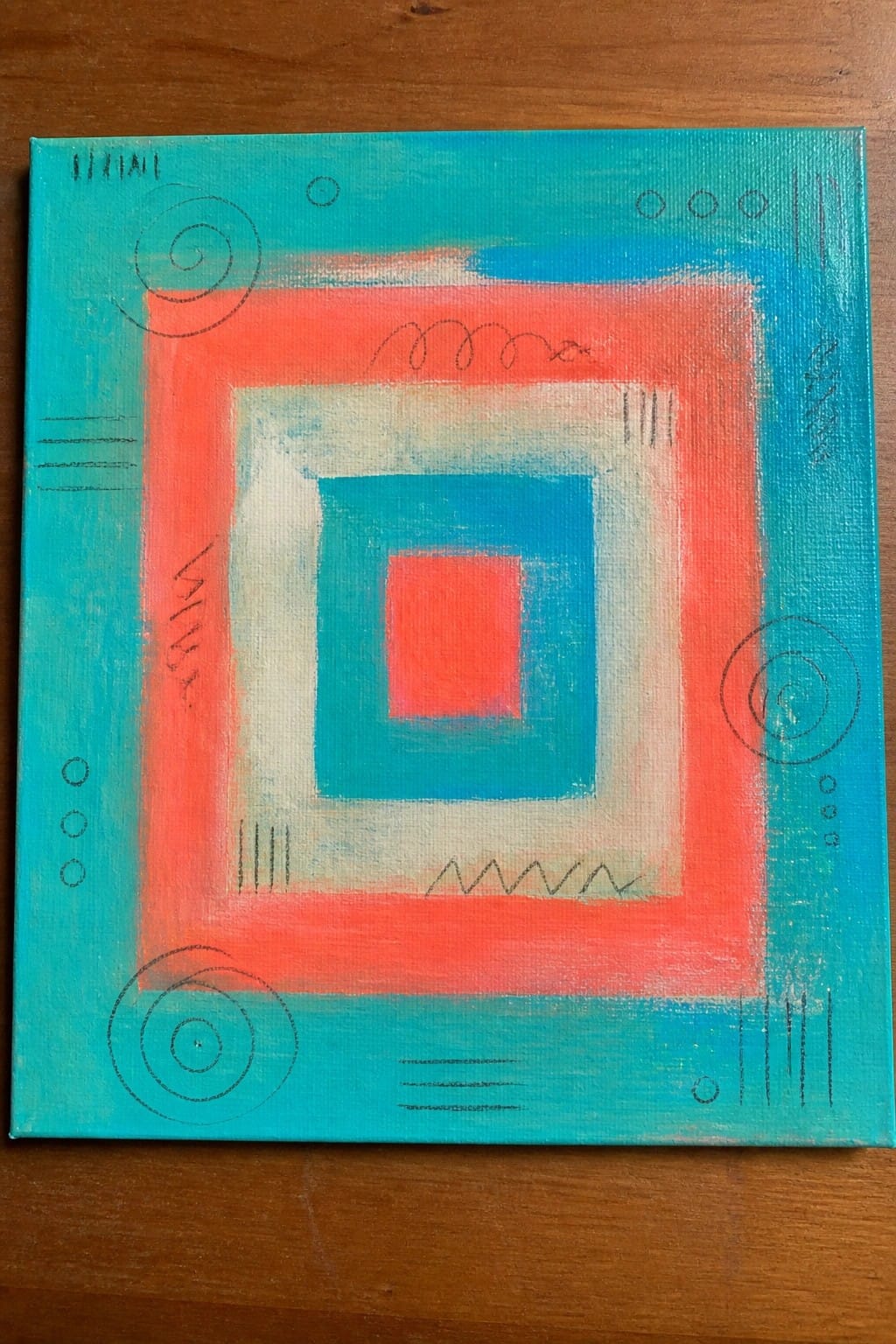 Abstract canvas with nested red-blue squares on turquoise, surrounded by black spirals and lines.