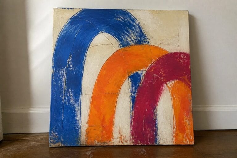 Abstract painting with bold blue, orange, red, and cream curved shapes on canvas against wall