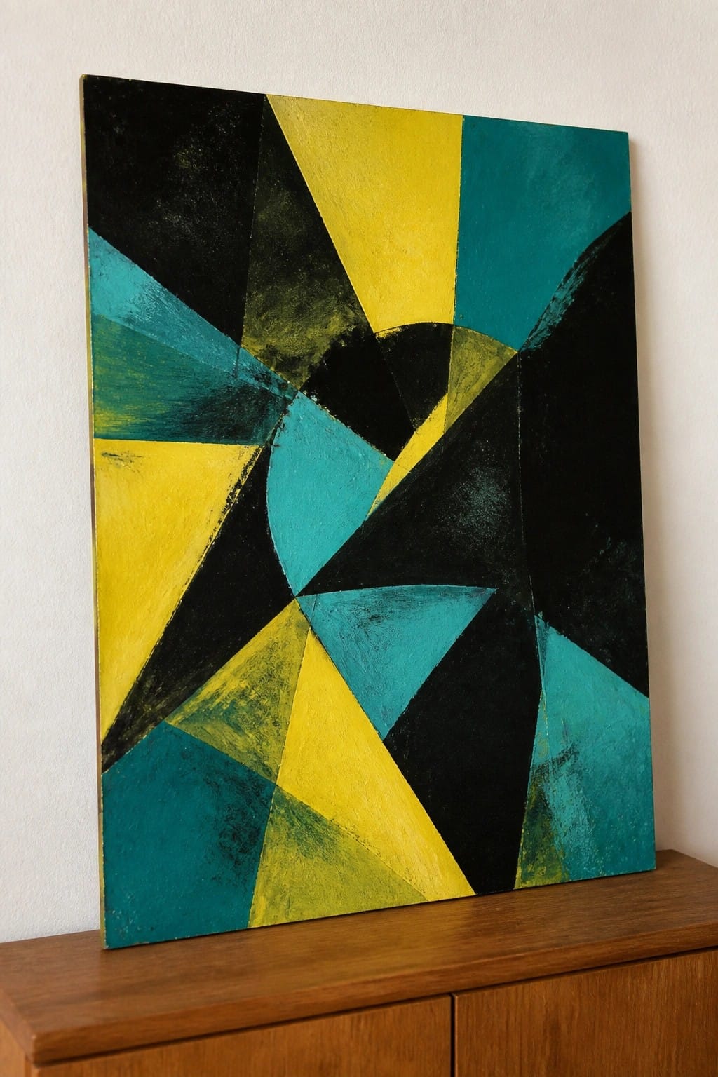 Abstract geometric painting with yellow, teal, and black angular shapes on wooden cabinet