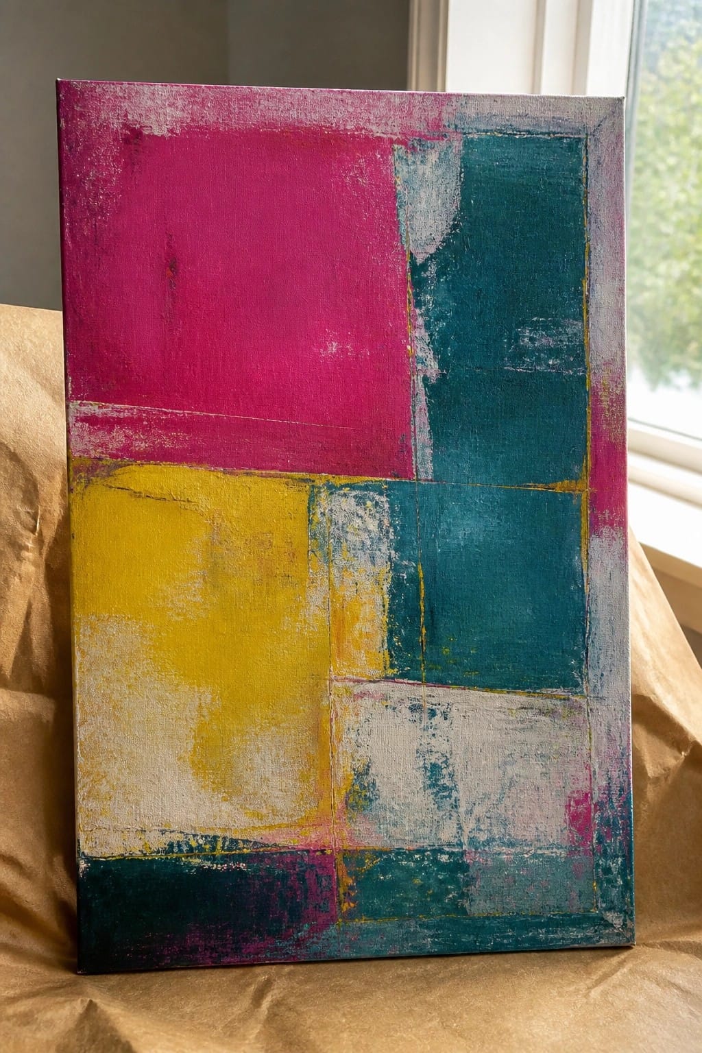 Abstract canvas with magenta, teal, yellow blocks and distressed textures on brown paper.