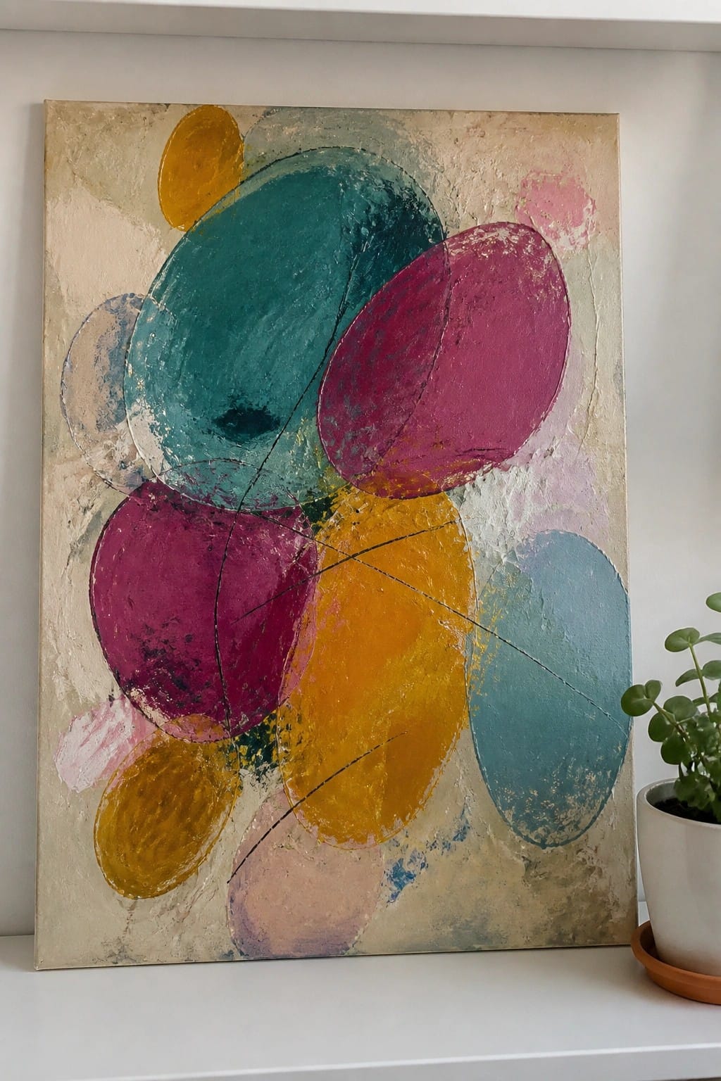 Abstract painting with overlapping teal, magenta, yellow, and blue circular shapes beside potted plant.