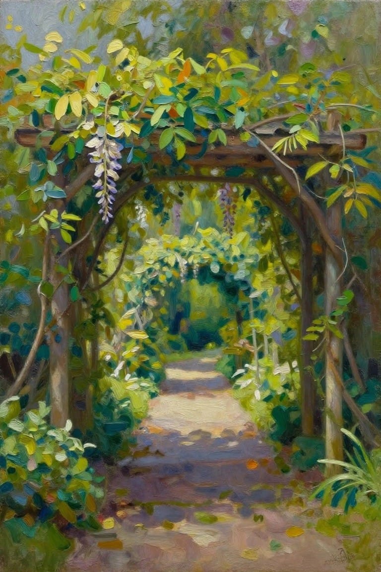 Lush garden path beneath wooden arches covered in green foliage and purple wisteria.