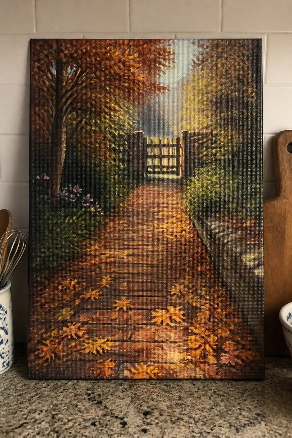 Autumn painting of leaf-strewn wooden path leading to misty forest gate