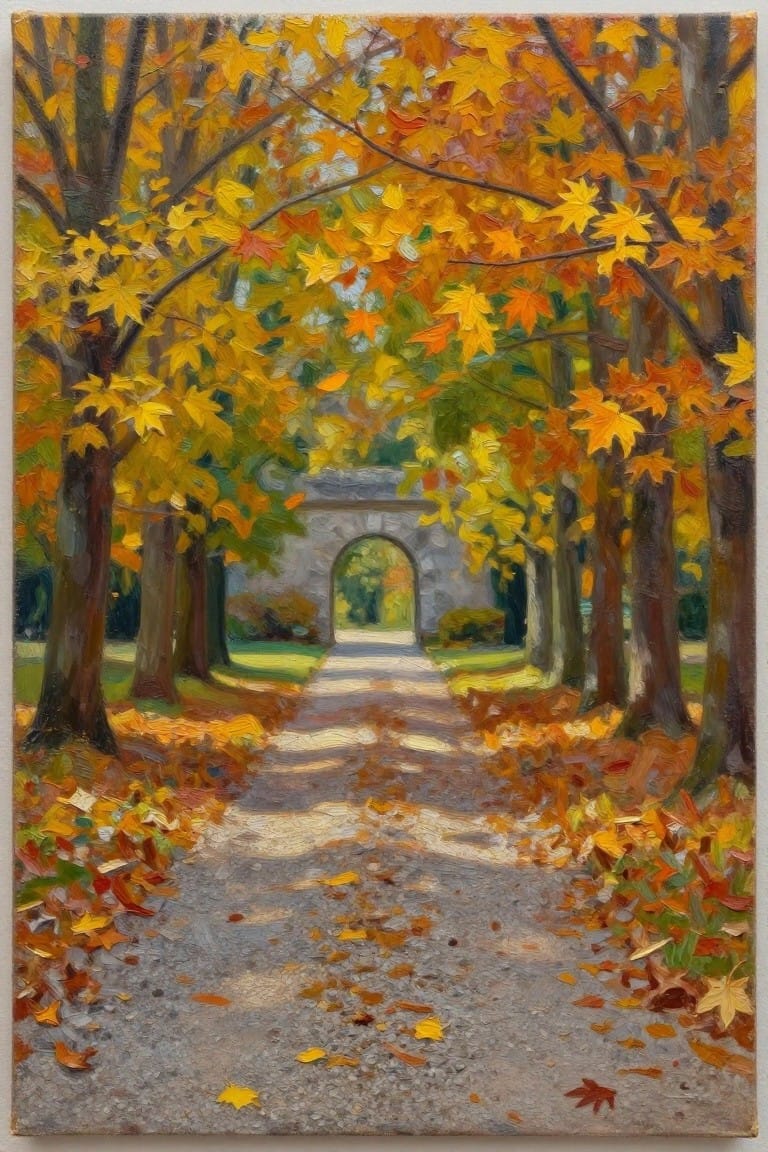 Autumn path with golden-orange maple trees and fallen leaves leading to stone arch, oil painting