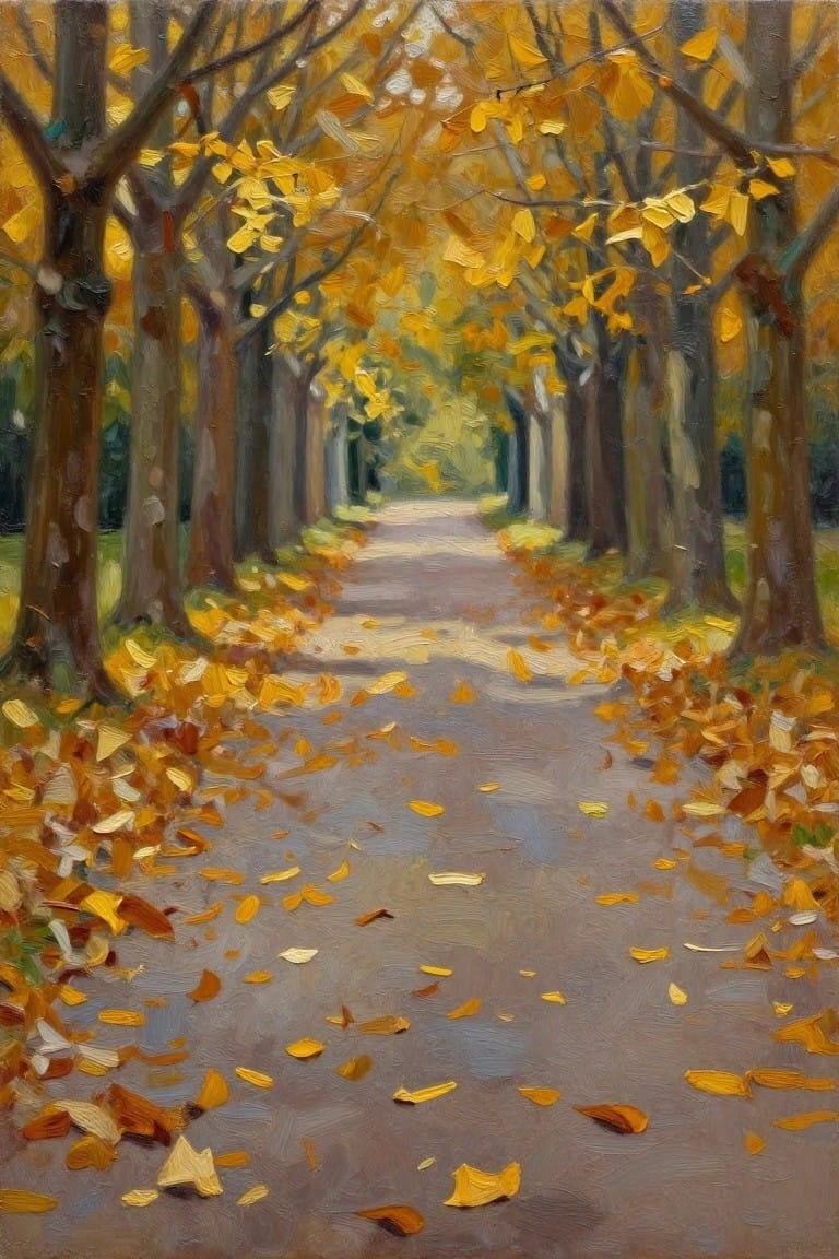 Leaf-strewn path through golden autumn trees in oil painting style.