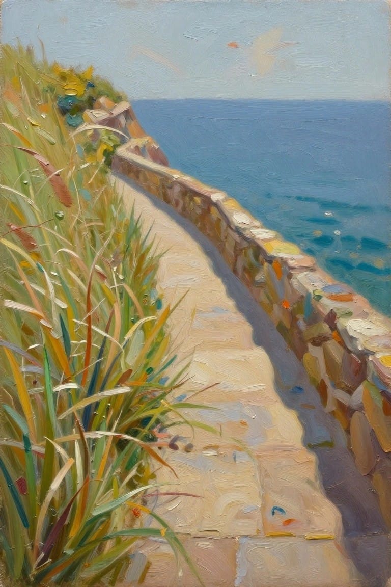 Stone steps descend by a colorful wall above the blue sea with wild grass.