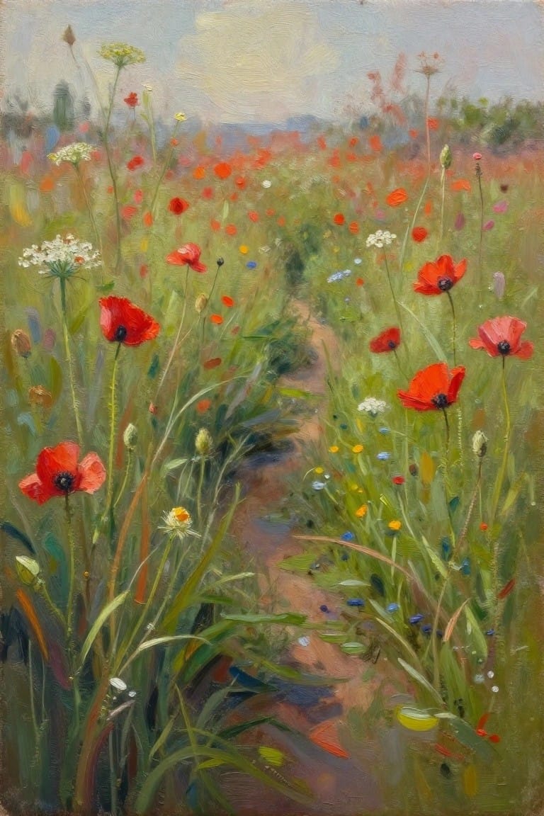 An oil painting of a winding dirt path through a meadow of red poppies and mixed wildflowers with a soft sky overhead.