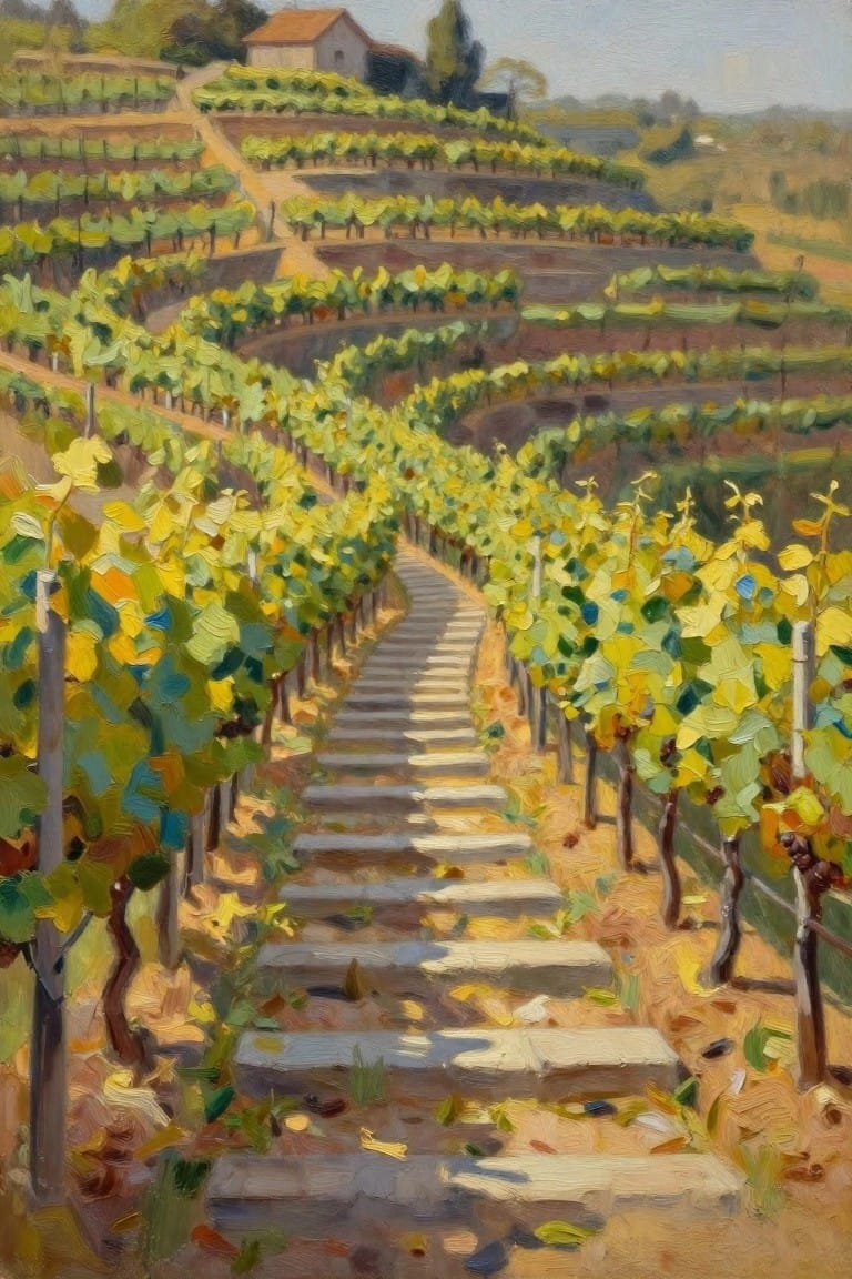 Stone steps wind through terraced vineyard rows of yellow-green grapevines.