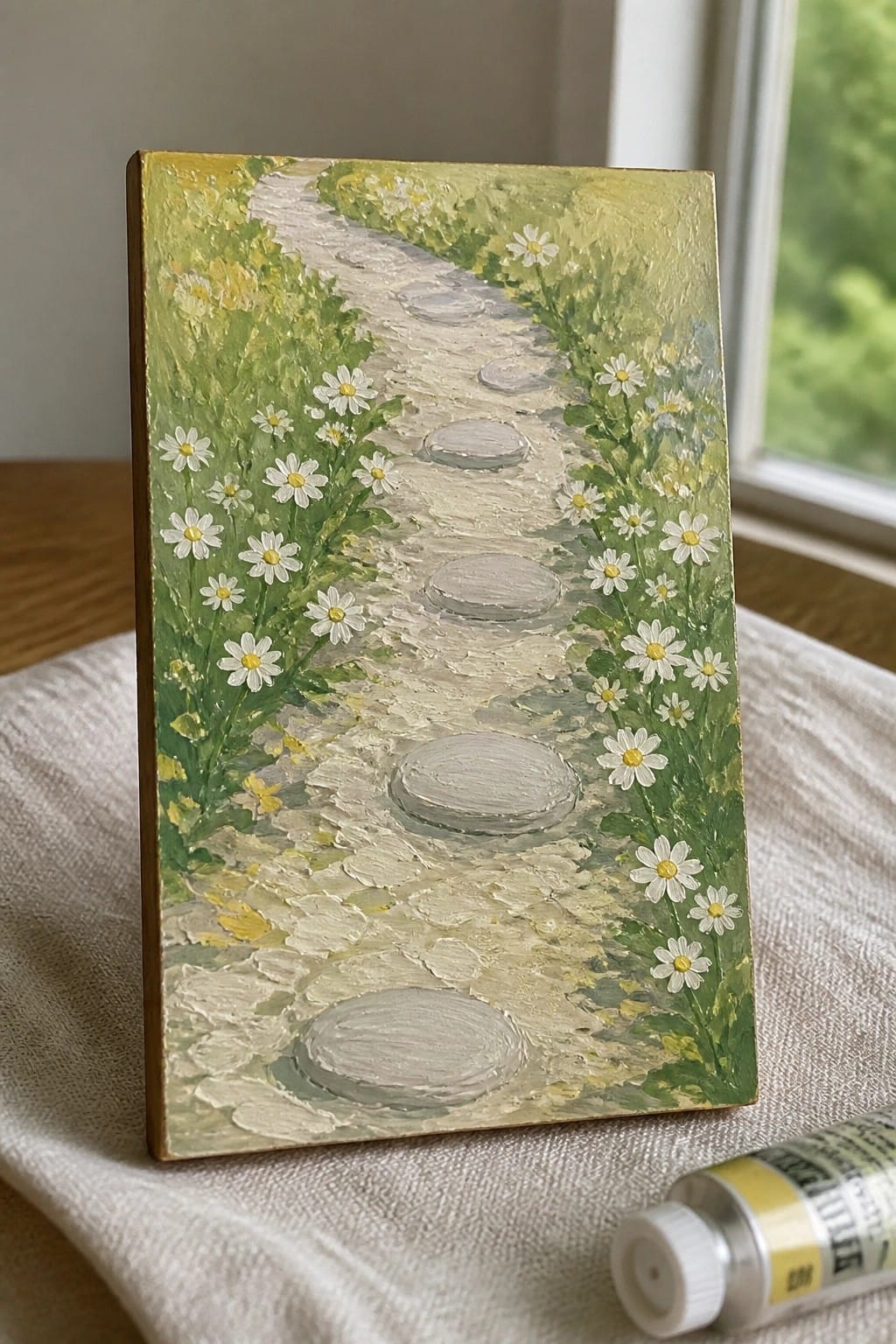 Textured oil painting of stone path amid white daisies, yellow paint tube nearby