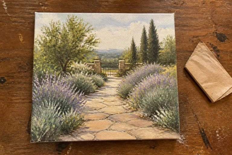 22 Creative Garden Path Oil Painting Ideas That Add Depth and Perspective Stone path lined with lavender leading to wooden gate amid green shrubs and trees.