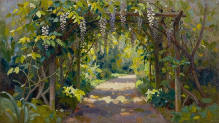 22 Creative Garden Path Oil Painting Ideas That Add Depth and Perspective Lush garden path beneath wooden arches covered in green foliage and purple wisteria.