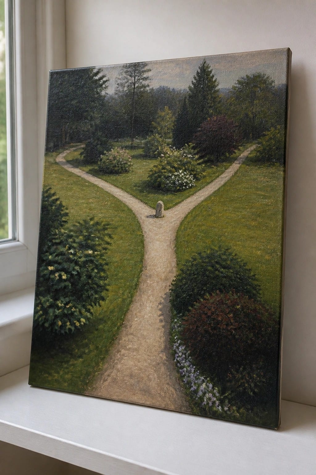 Oil painting of forked garden path with stone marker on windowsill.