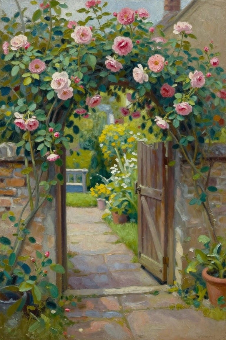 Oil painting of a stone garden path seen through a rose-covered arch with an open wooden gate leading to flower beds and a distant building.